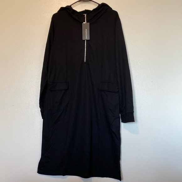 Sheshow Black Mid Zip Up Hooded Pullover Long Sleeve Dress Size Xl With Pockets